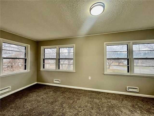 carpeted empty room with a textured ceiling, baseboard heating, and a healthy amount of sunlight