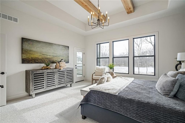 bedroom with access to outside, light carpet, beamed ceiling, and an inviting chandelier