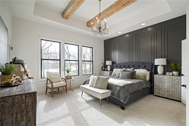 bedroom with a chandelier, light carpet, and beamed ceiling