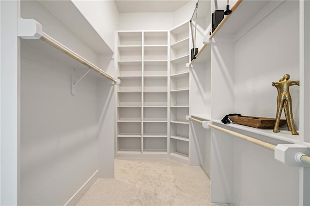 walk in closet featuring light carpet