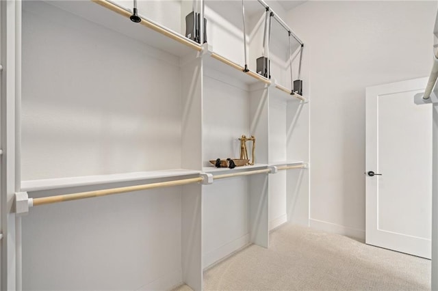 walk in closet featuring light carpet