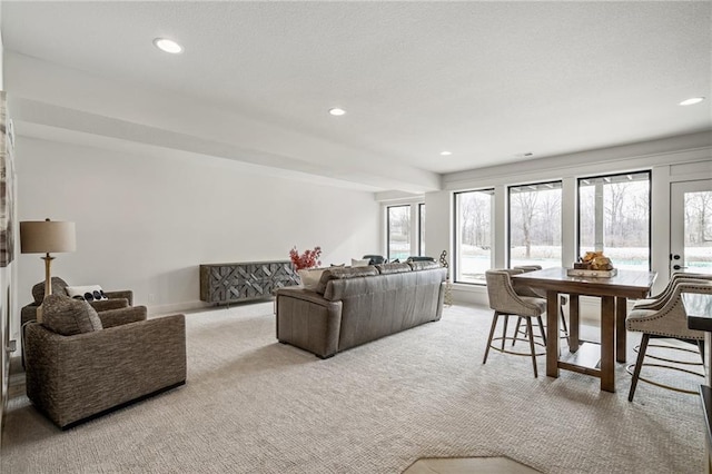 living room featuring light carpet