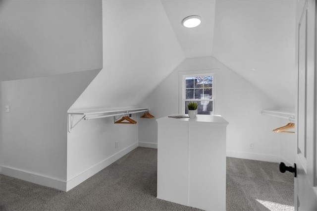 spacious closet with lofted ceiling and carpet