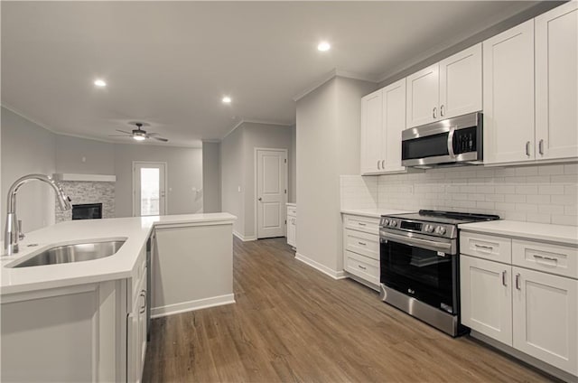 kitchen with white cabinets, appliances with stainless steel finishes, dark hardwood / wood-style floors, and sink