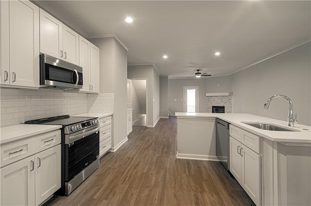 kitchen featuring ceiling fan, sink, dark hardwood / wood-style floors, white cabinets, and appliances with stainless steel finishes