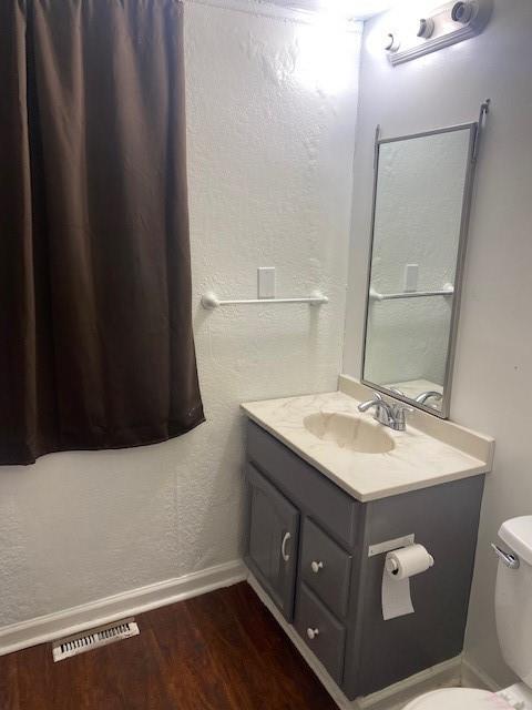 bathroom featuring vanity, toilet, and wood-type flooring