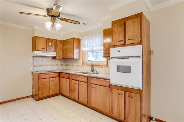 5032 NE 57th Ter, Kansas City, MO 64119 - kitchen with white oven, under cabinet range hood, a sink, decorative backsplash, and crown molding
