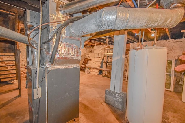 basement featuring heating unit and water heater