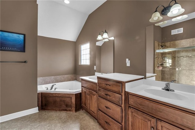 bathroom featuring plus walk in shower, vanity, and lofted ceiling