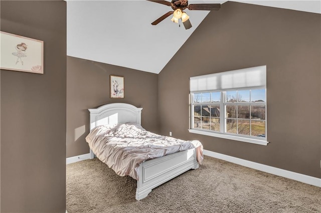 bedroom featuring carpet, ceiling fan, and high vaulted ceiling