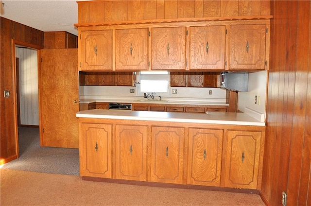 kitchen with wood walls, light colored carpet, and sink