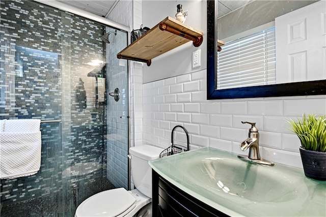 bathroom with decorative backsplash, tile walls, and an enclosed shower