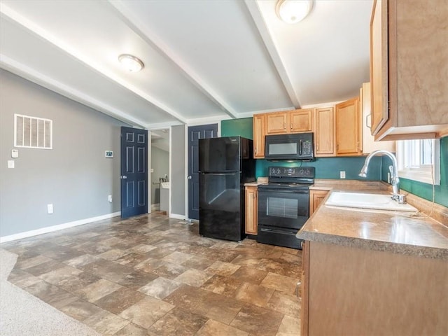 kitchen featuring vaulted ceiling with beams, sink, black appliances, and light brown cabinets