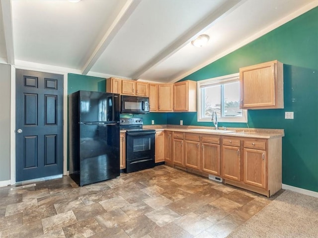 kitchen with lofted ceiling with beams, sink, and black appliances