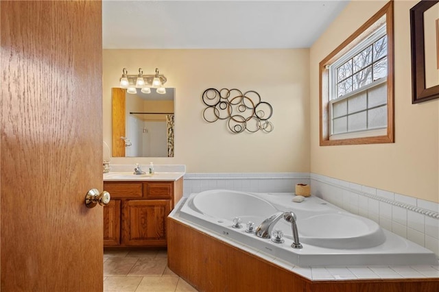 bathroom with tile patterned floors, vanity, and separate shower and tub