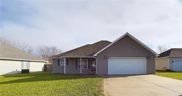 single story home with a garage and a front yard