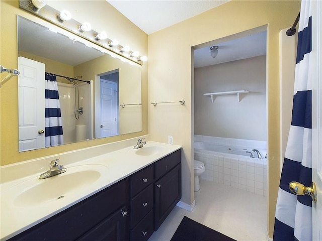 full bathroom featuring independent shower and bath, vanity, and toilet