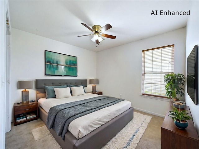 bedroom with ceiling fan and light colored carpet