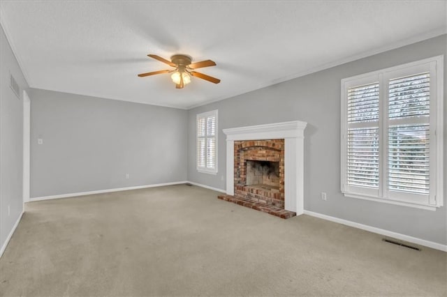 unfurnished living room with carpet, ceiling fan, and a fireplace