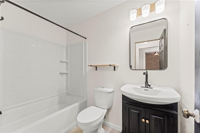 full bathroom featuring washtub / shower combination, vanity, and toilet