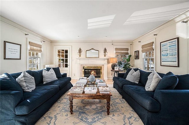 living room with a fireplace and crown molding