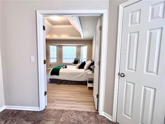 bedroom featuring baseboards, a tray ceiling, and wood finished floors