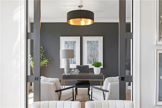 home office with ornamental molding