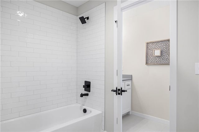 full bath with shower / bathtub combination, baseboards, and vanity