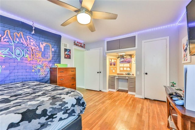 bedroom featuring ceiling fan and light wood-type flooring