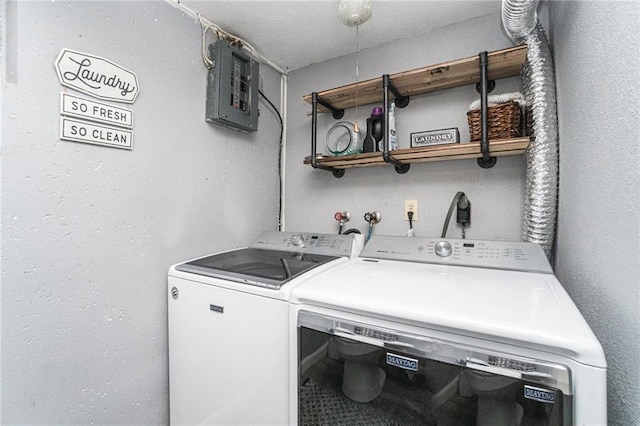 clothes washing area featuring washer and dryer and electric panel