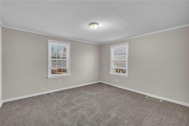 empty room featuring carpet floors and ornamental molding