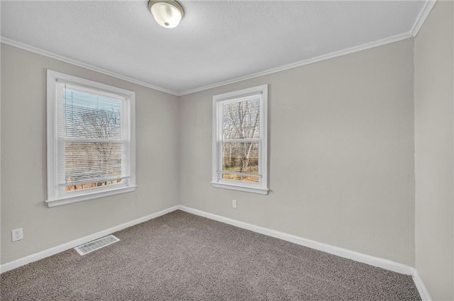 carpeted spare room featuring ornamental molding