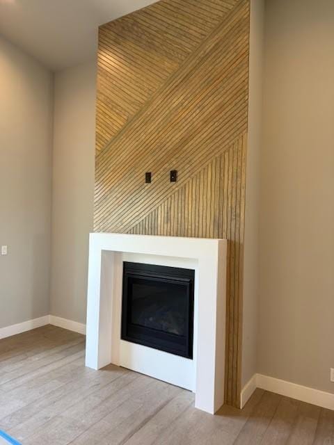 detailed view of a glass covered fireplace, wood finished floors, baseboards, and wood walls