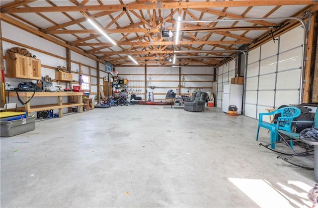 garage with white fridge