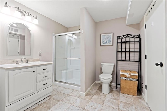 full bathroom with toilet, a stall shower, visible vents, and vanity