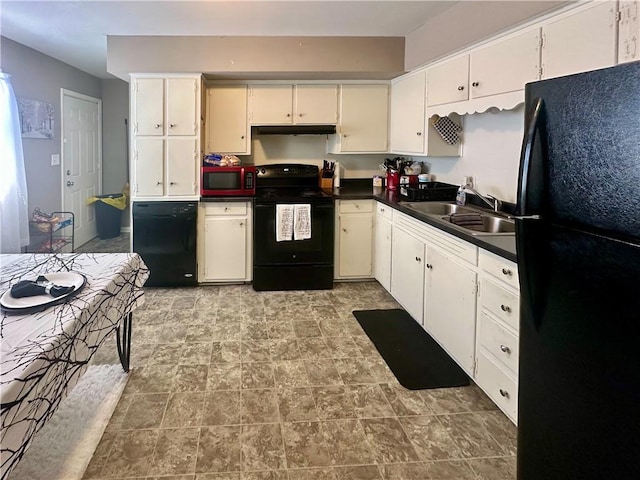 kitchen with sink, white cabinets, and black appliances