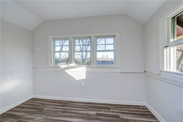 spare room featuring a healthy amount of sunlight, dark hardwood / wood-style flooring, and vaulted ceiling