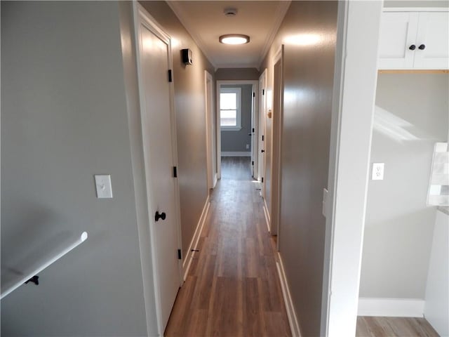 hallway featuring hardwood / wood-style floors and ornamental molding