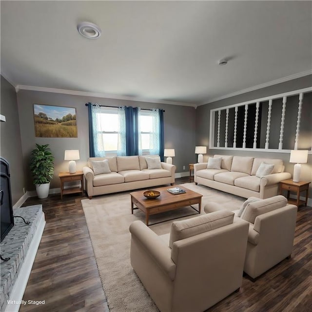 living room with dark hardwood / wood-style flooring and crown molding