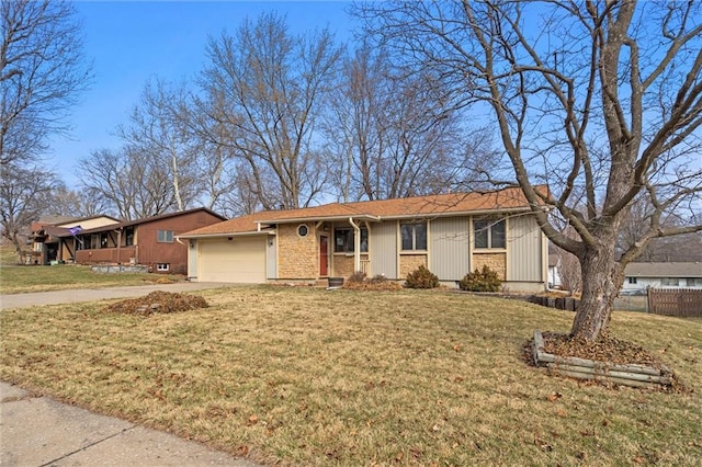 single story home featuring driveway, a front lawn, an attached garage, and fence