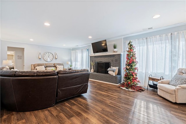 living room with crown molding, dark hardwood / wood-style floors, and a fireplace