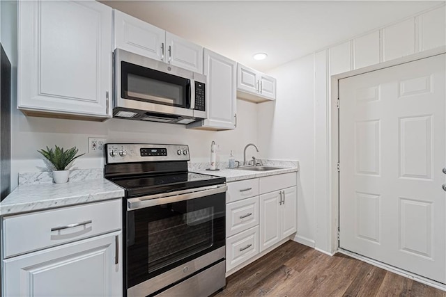 kitchen featuring white cabinetry, sink, dark hardwood / wood-style flooring, and stainless steel appliances