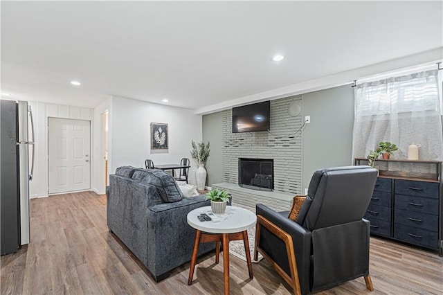 living room featuring a fireplace and wood-type flooring