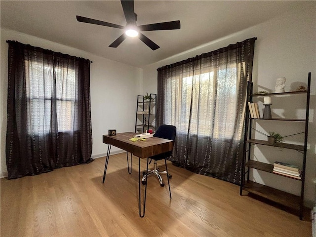 office area featuring light hardwood / wood-style flooring and ceiling fan