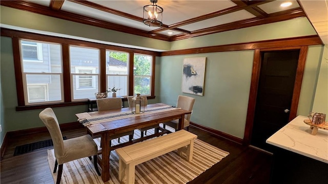 dining area with beamed ceiling, dark hardwood / wood-style flooring, and coffered ceiling