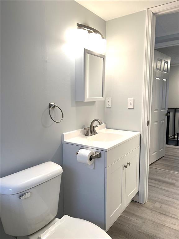 bathroom featuring vanity, hardwood / wood-style flooring, and toilet