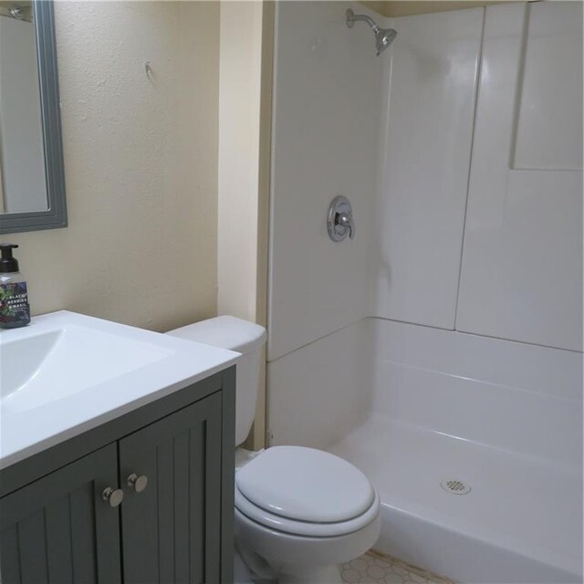 bathroom with vanity, toilet, and walk in shower