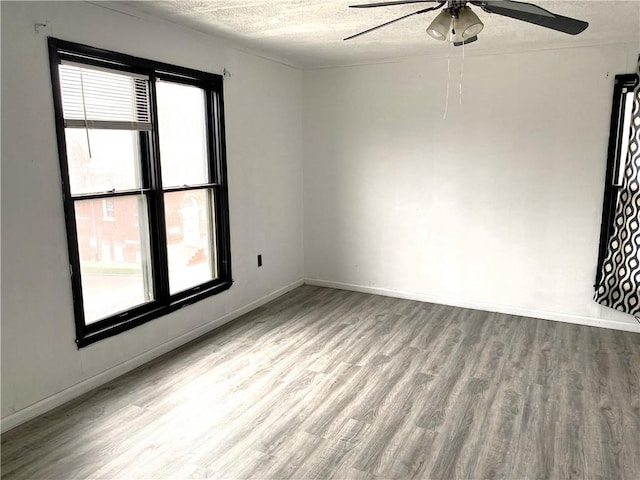 spare room with light wood-type flooring, a textured ceiling, and ceiling fan