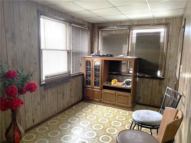 living area with a paneled ceiling and wood walls