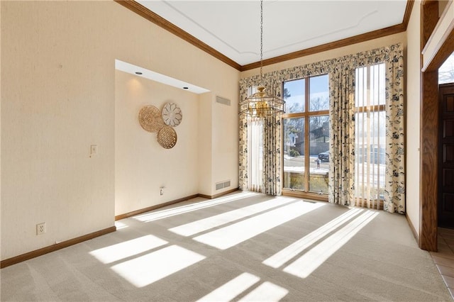 carpeted empty room featuring ornamental molding, plenty of natural light, and a high ceiling